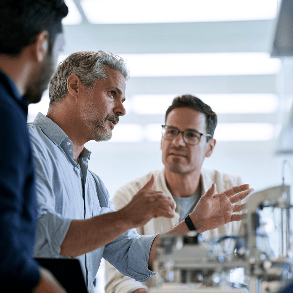 Two founders in a bright medtech lab discussing a prototype