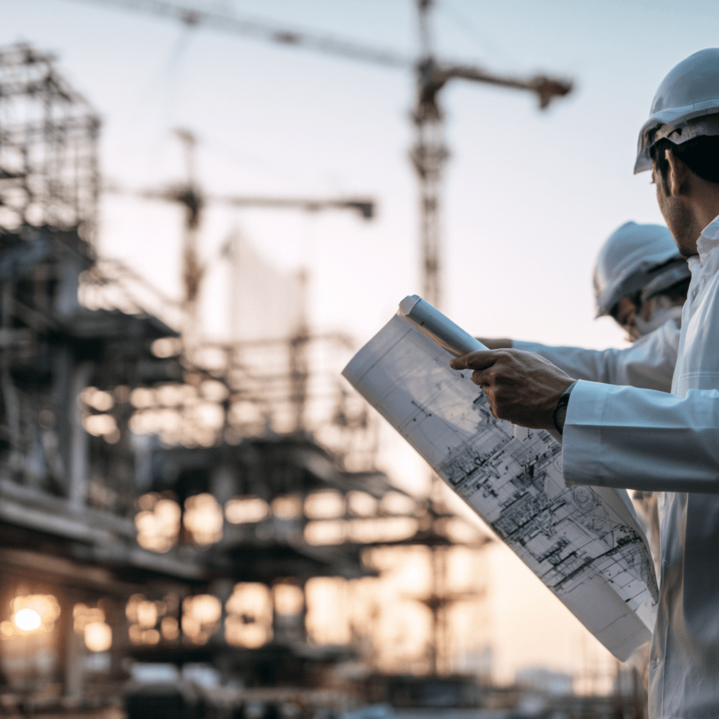 Medical building under construction with architect reviewing plans